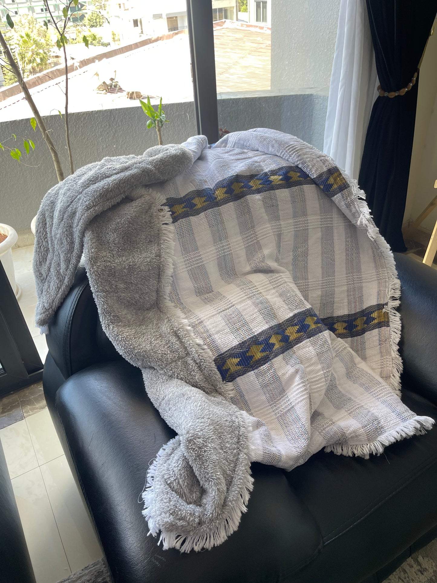 Modern Gabi, Blue and white Stripe with Gray faux fur interior