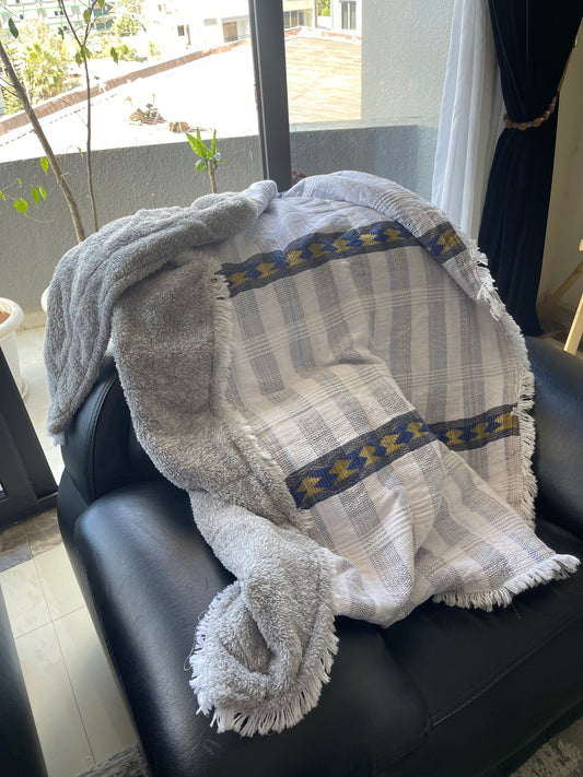 Modern Gabi, Blue and white Stripe with Gray faux fur interior